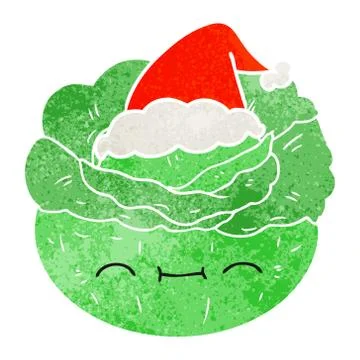 Retro cartoon of a cabbage wearing santa hat Stock Illustration