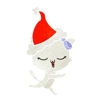 Retro cartoon of a cat with bow on head wearing santa hat 스톡 일러스트