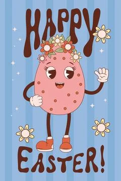 Retro cartoon character easter egg in flower wreath. Groovy vintage cute mascot Stock Illustration
