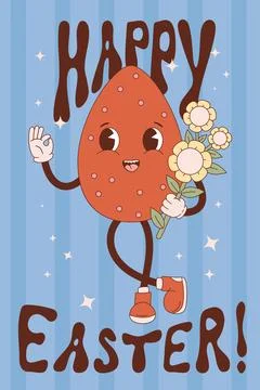 Retro cartoon character easter egg with flowers Power. Groovy vintage cute Stock Illustration