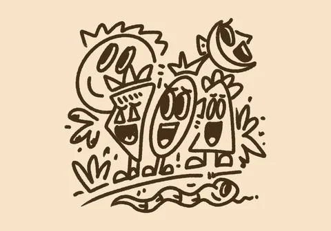 Retro Cartoon Characters Sun Moon Snake Together Illustrazione stock