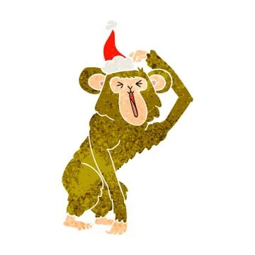Retro cartoon of a chimp scratching head wearing santa hat Illustrazione stock