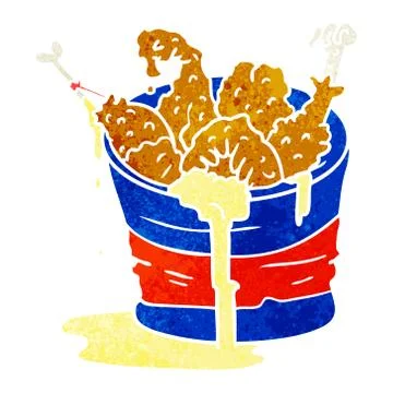 Retro cartoon doodle bucket of fried chicken Stock Illustration
