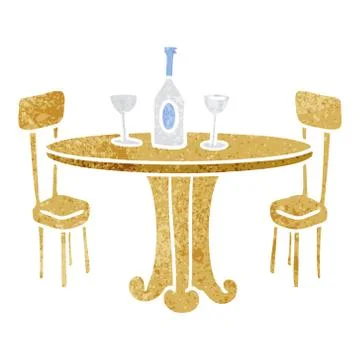 Retro cartoon doodle dinner table and drinks Stock Illustration