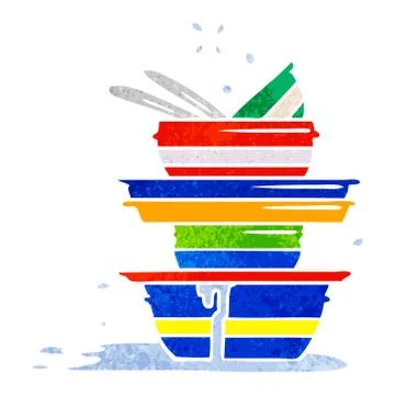 Retro cartoon doodle of a stack of dirty plates 스톡 일러스트