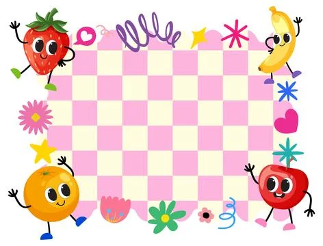 Retro Cartoon Fruit Characters Around Pink Checkered Frame Vector Illustratio Stock Illustration