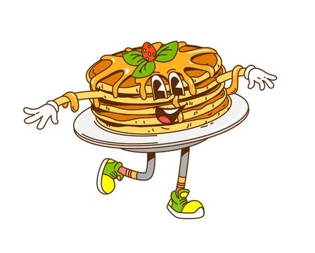 Retro cartoon groovy stack of pancakes with syrup Stock Illustration