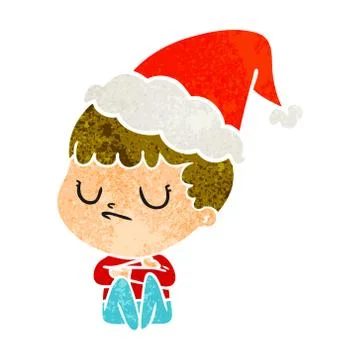 Retro cartoon of a grumpy boy wearing santa hat Stock Illustration