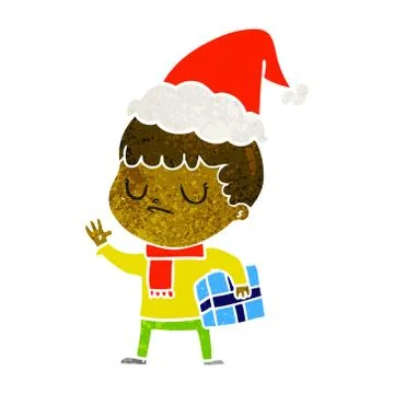 Retro cartoon of a grumpy boy wearing santa hat Stock Illustration