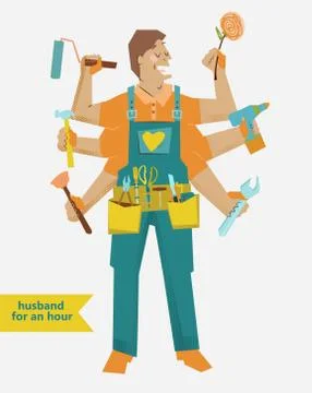 Retro cartoon handyman with different tools Stock Illustration