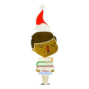 Retro cartoon of a happy boy with stack of books wearing santa hat Stock Illustration