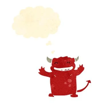 Retro cartoon little devil with thought bubble 스톡 일러스트