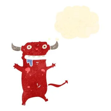Retro cartoon little devil with thought bubble Stock Illustration