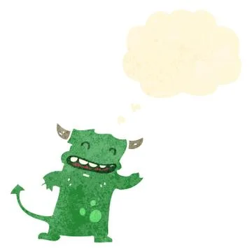 Retro cartoon little devil with thought bubble 스톡 일러스트