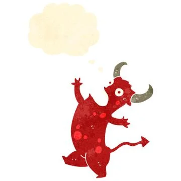 Retro cartoon little devil with thought bubble Stock Illustration