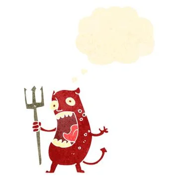 Retro cartoon little devil with thought bubble Stock Illustration