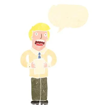 Retro cartoon reporter reading from script Stock Illustration