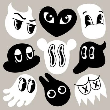 Retro cartoon simple shape funny faces. Groovy vintage 30s 60s 70s minimalistic Stock Illustration