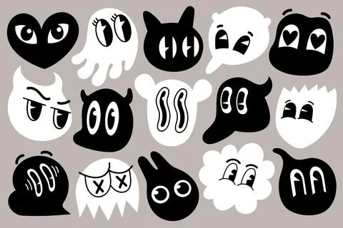 Retro cartoon simple shape funny faces. Groovy vintage 30s 60s 70s minimalistic Illustrazione stock