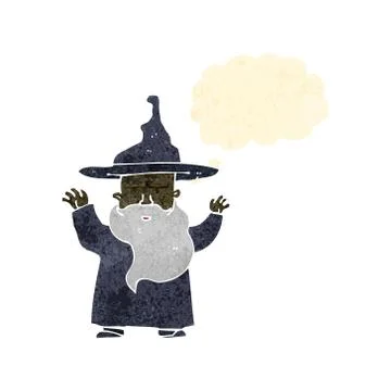 Retro cartoon wizard with thought bubble Illustrazione stock