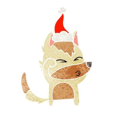 Retro cartoon of a wolf pouting wearing santa hat Stock Illustration