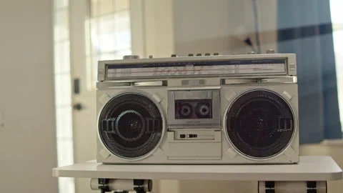 Retro Cassette Deck Close Up Pressing Play Button Neon Studio Stock Footage 330092298