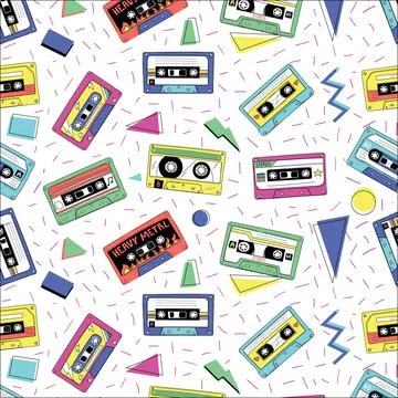 Retro cassette pattern. Vintage funky seamless texture with audio tape. Compact Stock Illustration