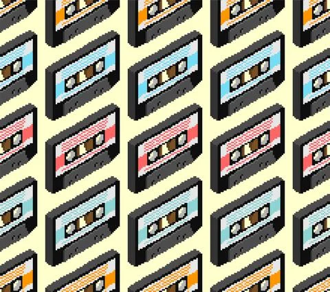 Retro cassette pixel art pattern. Boombox cassette 8 bit background Stock Illustration
