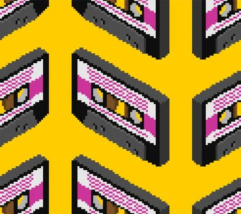 Retro cassette pixel art pattern. Boombox cassette 8 bit background Stock Illustration