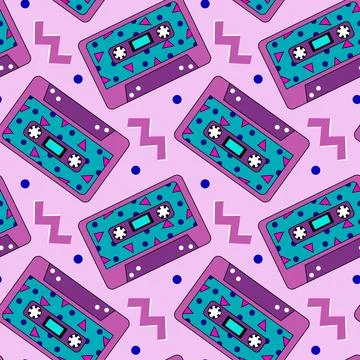 Retro cassette purple pattern. Seamless vintage 90s party pattern Stock Illustration