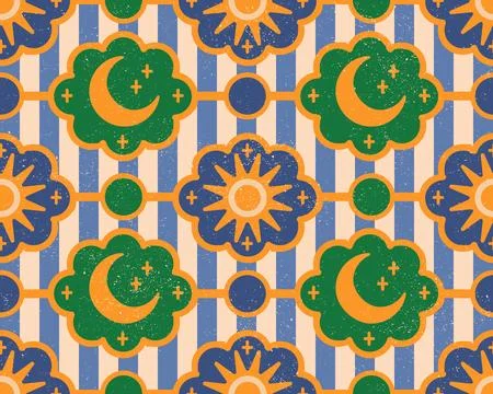Retro Celestial Sun Moon Stripe Seamless Pattern Vector Stock Illustration