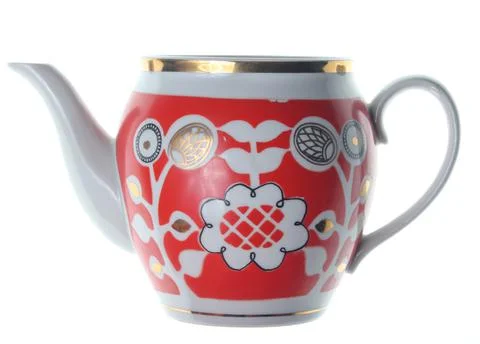Retro ceramic teapot with patterns isolated on white background Stock Photos