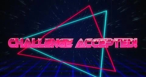 Retro Challenge accepted text glitching over blue and red triangles on white Stock Illustration