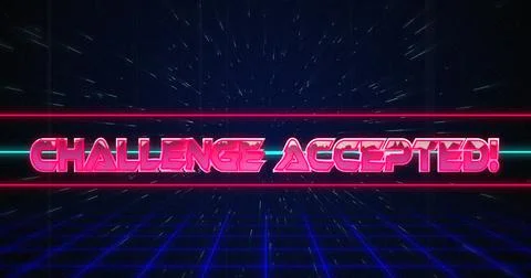 Retro Challenge accepted text glitching over blue and red lines on white Stock Illustration