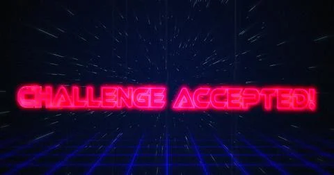 Retro Challenge accepted text glitching over blue and red triangles on white Stock Illustration
