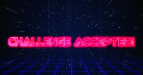Retro Challenge accepted text glitching over blue and red lines on white Stock Illustration