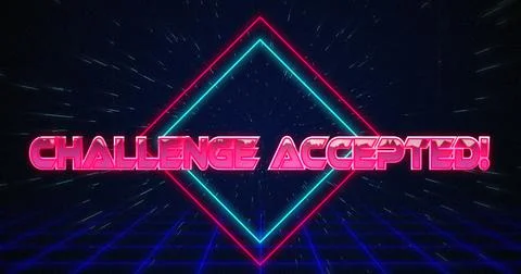 Retro Challenge accepted text glitching over blue and red squares on white Stock Illustration