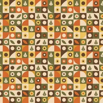 Retro Checker Floral Seamless Pattern with Geometric Shapes in 70s Mid Cent.. Stock Illustration