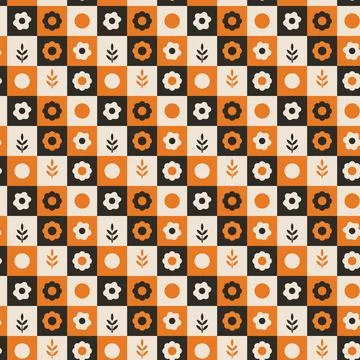Retro Checker Floral Seamless Pattern with Orange Accent Mid Century Style Stock Illustration