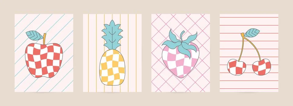 Retro checkered patterned fruit cards. Abstract strawberry, cherry, apple Illustrazione stock
