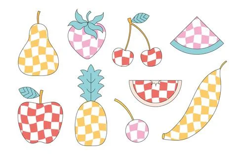Retro checkered patterned fruits. Abstract pear, strawberry, cherry, watermelon Stock Illustration