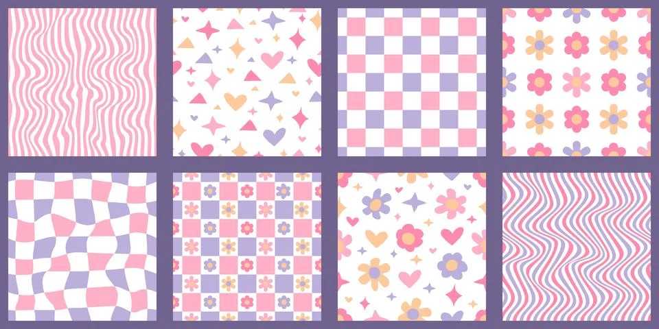 Retro checkered seamless pattern set. Colorful vintage aesthetic pattern set. Stock Illustration