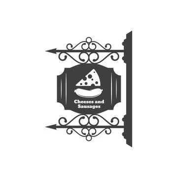 Retro cheese and sausage forged signboard isolated Stock Illustration