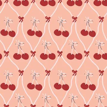 Retro cherry pattern with pink and red bow accents Stock Illustration