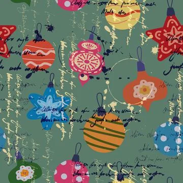 Retro Christmas seamless pattern balls, toys unreadable text. Doodle vintage  Stock Illustration