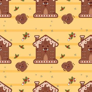 Retro Christmas seamless pattern with characters Gingerbread house and hear.. Illustrazione stock