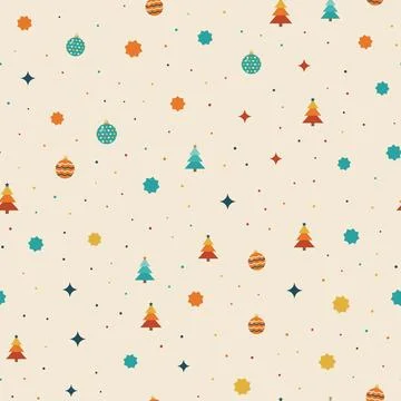 Retro Christmas seamless pattern with mid century fir trees, baubles, sparkles, Stock Illustration