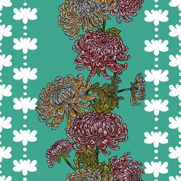 Retro chrysanthemum floral pattern with folk motif hand drawn botanical texti Stock Illustration