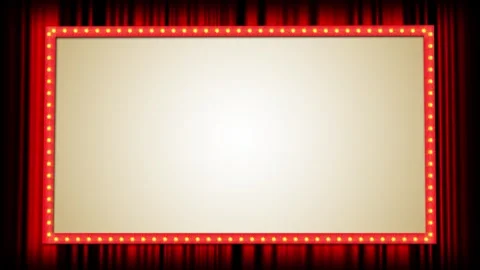 Retro cinema marquee background glowing bulb frame, theater curtains, cream disp Stock Footage 340416796