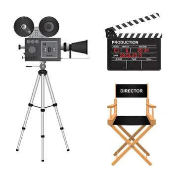 Retro cinema projector, clapper board and director chair vector illustration Illustrazione stock